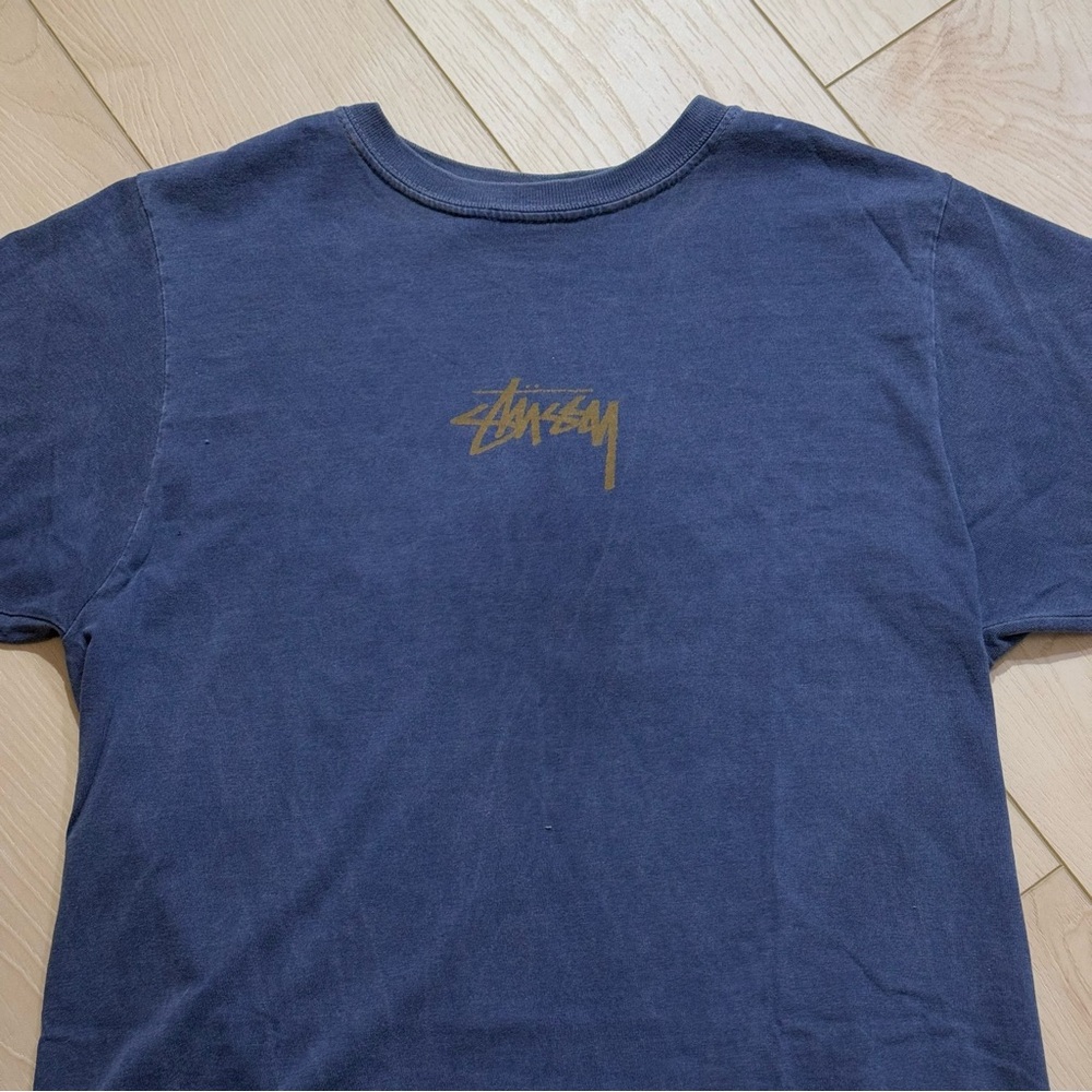 stussy washed blue short sleeve tee with gold logo 100% cotton - Picture 2 of 7